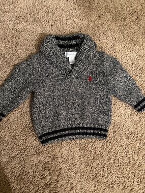 Ralph Lauren Marled Black & White Collared Baby Sweater with Red Polo, 6m